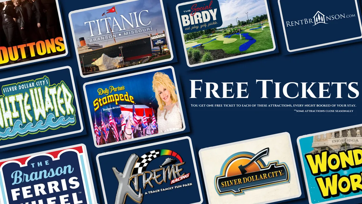 This interior image features vibrant signage and graphics referencing popular Branson attractions and shows, such as the Titanic Museum, Silver Dollar City, Xtreme Racing, and Dolly Parton's Stampede. The focus is on conveying the excitement and diversity of family-friendly entertainment options nearby.